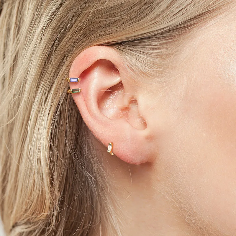 Proste kolczyki ze stali nierdzewnej 6MM Mini Hoop dla kobiet Prostokątny kolorowy cyrkon Huggie Kolczyk Chrząstka Piercing Biżuteria — zdjęcie 3
