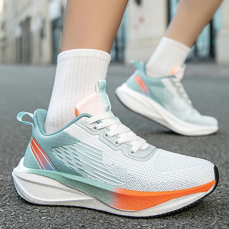 

Men's Carbon Plate shoes breathable comfort Knitted casual sports shoes man student running shoes white blue walking sneakers