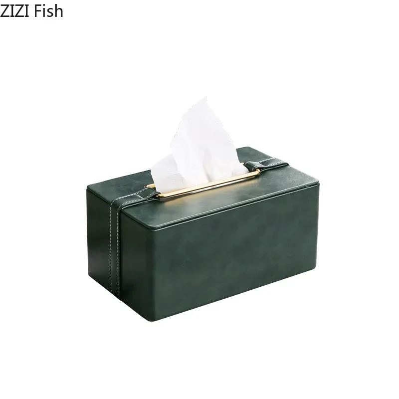 Leather tissue box Handmade Metallic green Paper box Tea table storage organization ornaments napkin holder Home Decoration