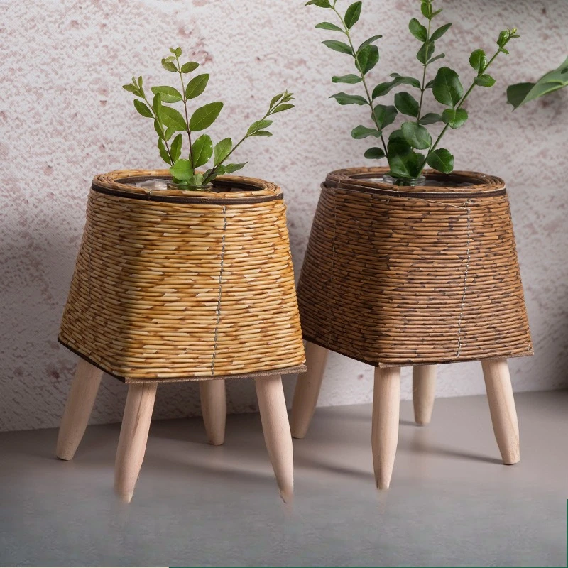 Indoor imitation rattan flower stand triangular bracket flower pot desktop creative succulent storage container office straw pot