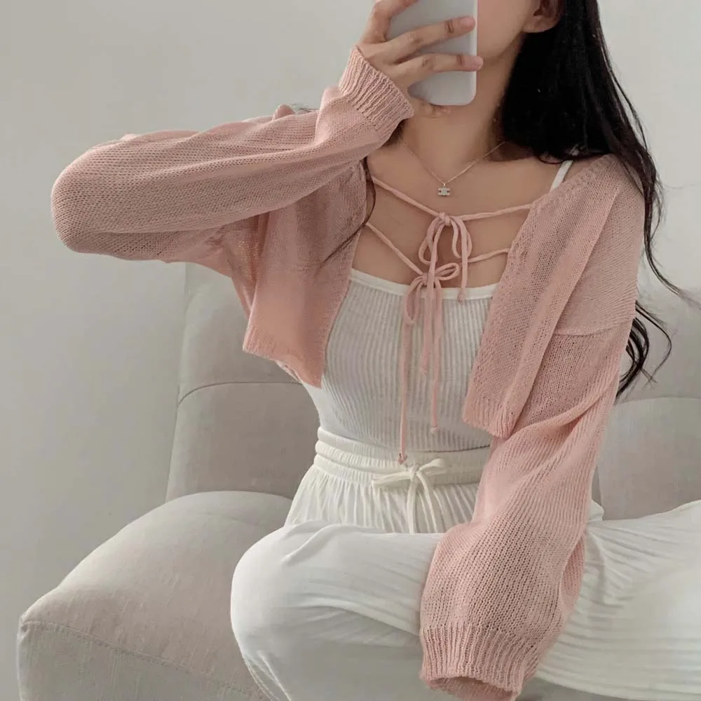 سترة نسائية محبوكة طويلة من Sve لربيع وخريف كورية أنيقة ملفوفة على الكتف وعقدة ملونة