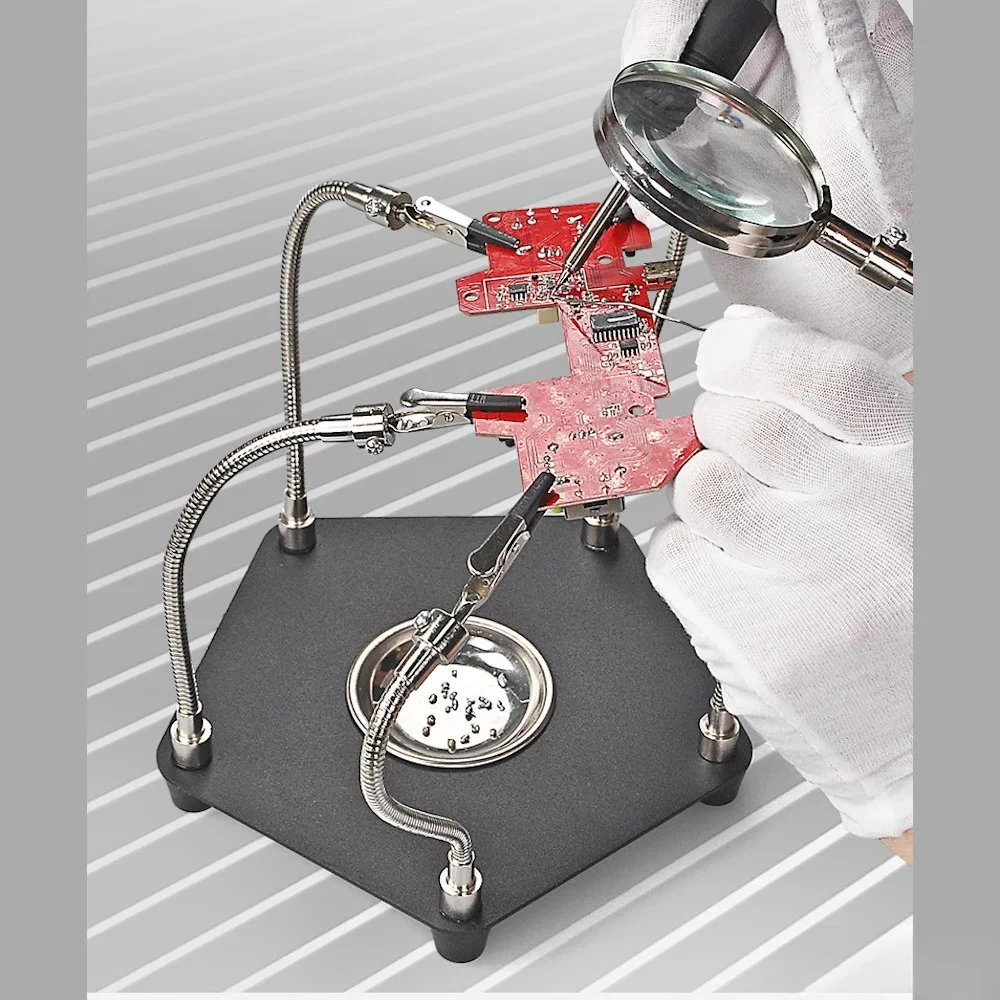 3x lupa ajudando as mãos estação de suporte de solda pcb braços flexíveis bandeja de armazenamento de base de metal para eletrônico