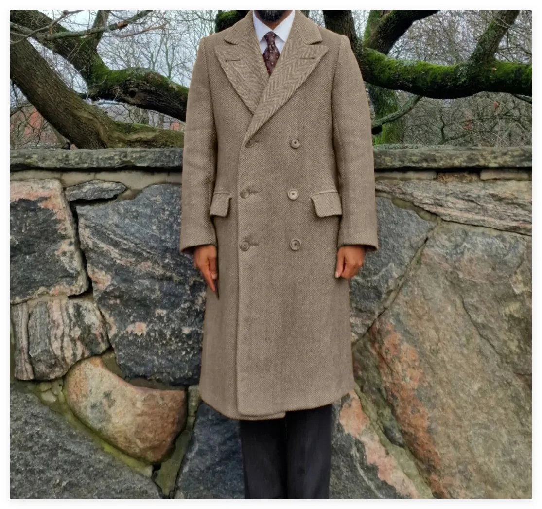 เสื้อโค้ทลายก้างปลาสำหรับผู้ชาย ฤดูใบไม้ร่วง ฤดูหนาว ทรงเข้ารูป กระดุมสองแถว แบบยาว ป้องกันลม แฟชั่นลำลอง ธุรกิจ งานเลี้ยง