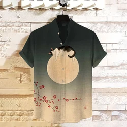 Men's Shirt Animal Pattern Print Cat Shirts Summer Casual Short Sleeve Streetwear Fashion Male Oversized Clothing Cardigan Top