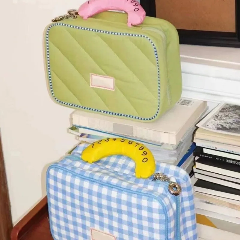 Borsa per il trucco da gita per studenti di stoccaggio carino di alta bellezza con griglia da donna borsa per il lavaggio del trucco portatile di