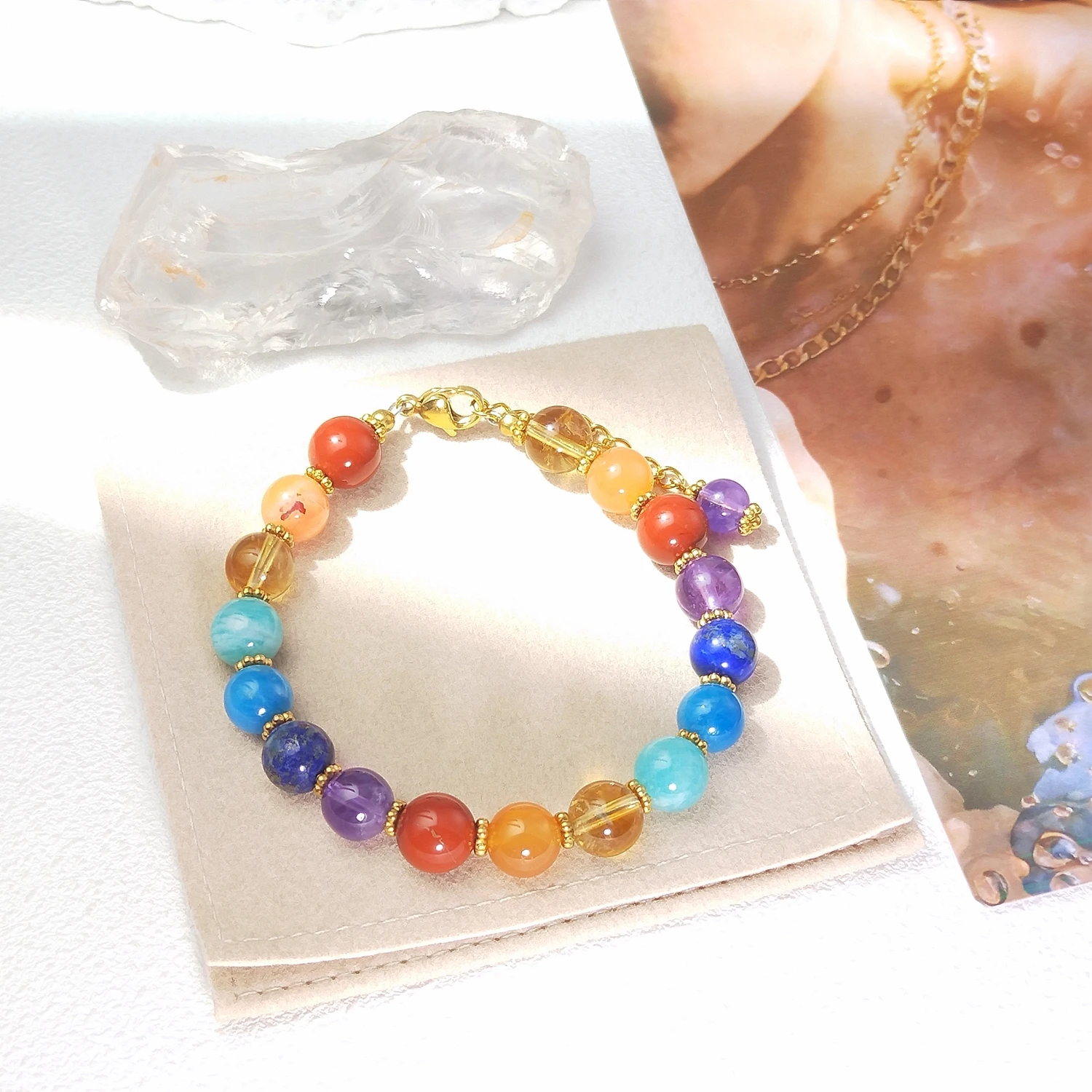 Lii Ji 8mm 7 Chakras Natural Stone Beaded Bracelet  Gold Stainless Steel Handmade Fashion Jewelry view 4