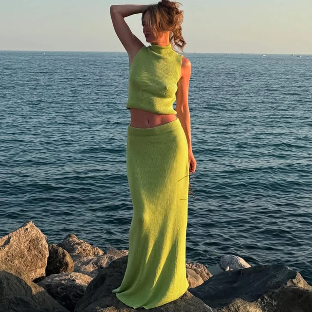 Talenza Women Knitted Long Skirt Set 2025 Elegant Sleeveless High Neck Vest Slim Skirt Set Fashion Summer New Long Dress Sets