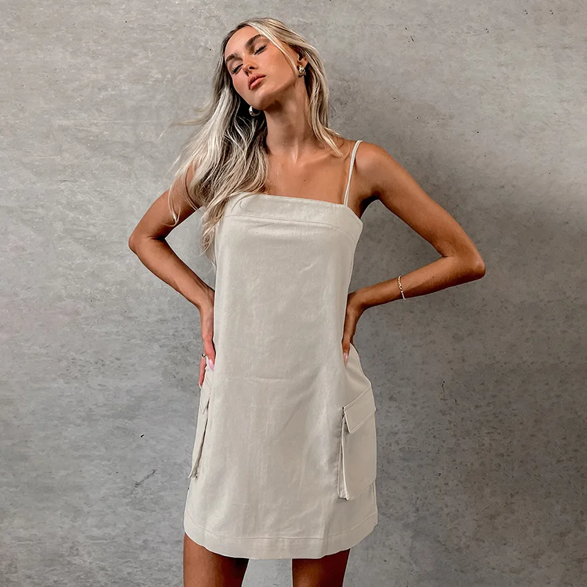 Original Backless Design Camisole Dress Spring and Summer Women\'s Fashion Straight Leg Waist Pocket Cotton Linen Camisole Dress