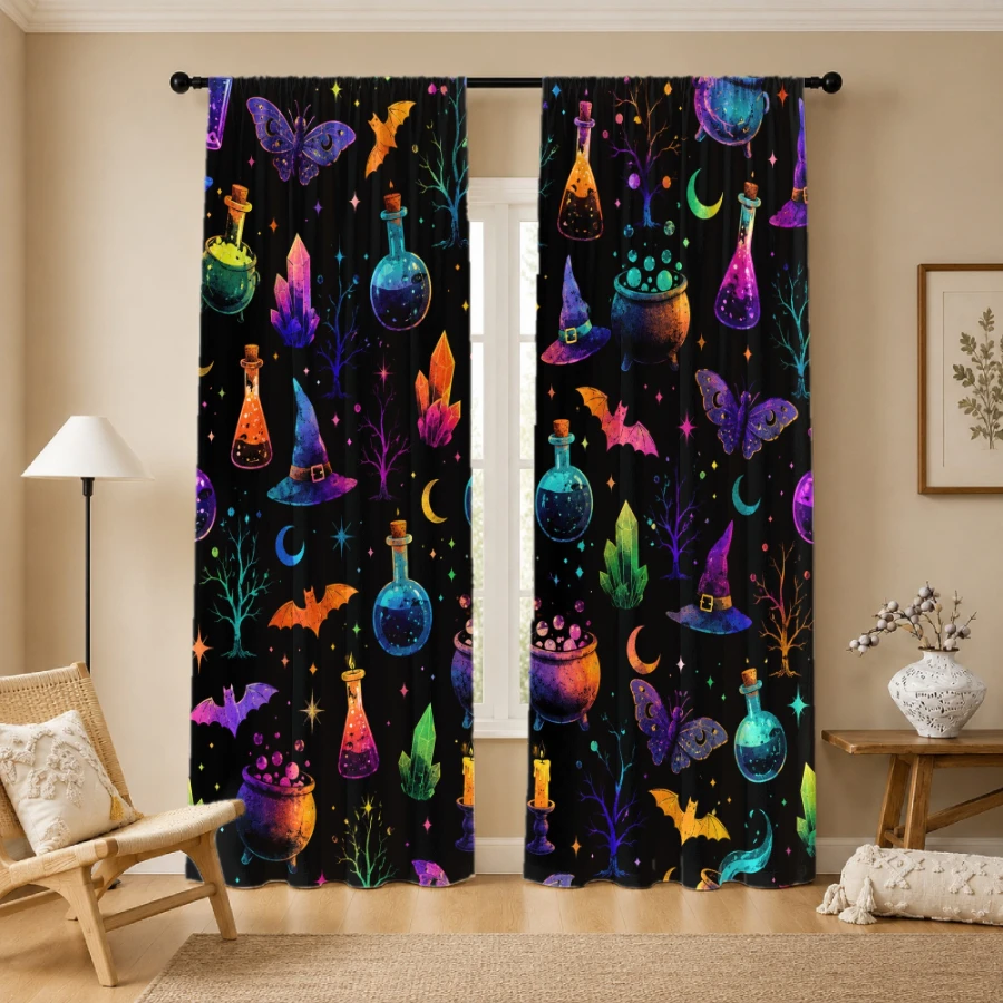 2PCS Digital Printed Curtains, Rainbow Magic Potions Witch Hats Crystals, Neon Colorful Witchcraft Window Decor Gothic Room