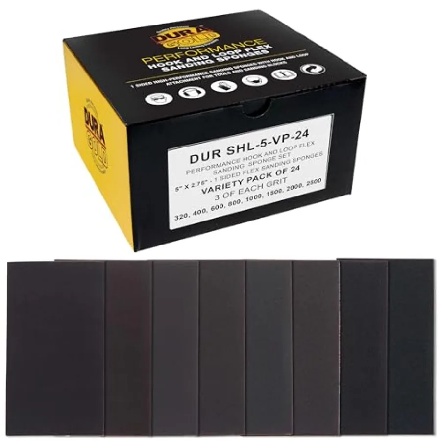 

5" x 2-3/4" Sanding Sponge Variety Pack, Box of 24 - Grits 320, 400, 600, 800, 1000, 1500, 2000, 2500 - Hook and Loop Wet or Dr
