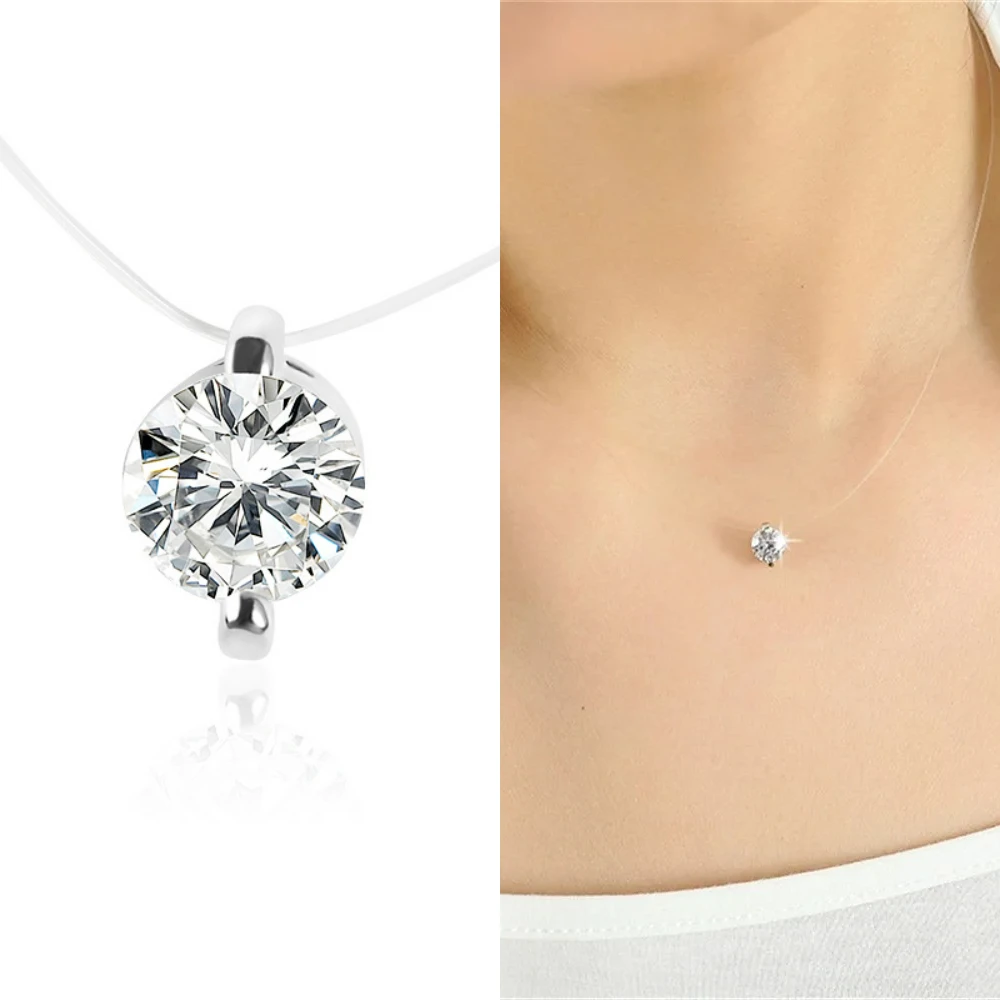 Transparent Fishline Women's Cubic Zirconia Choker Crystal Ball Pendant Shiny Luxury Wedding Necklace Fashion Jewelry Gifts