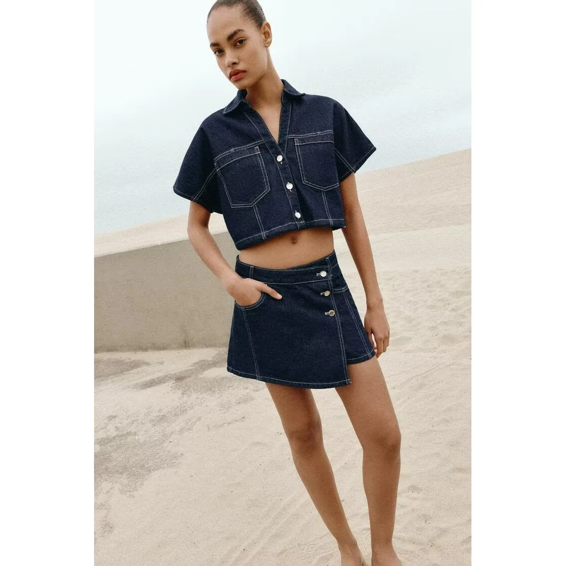 Fashionable Double-Breasted Denim Skirt-Pants Women's New Spring Summer Clothing Versatile A-Line Midi Skirt Polyester Fabric