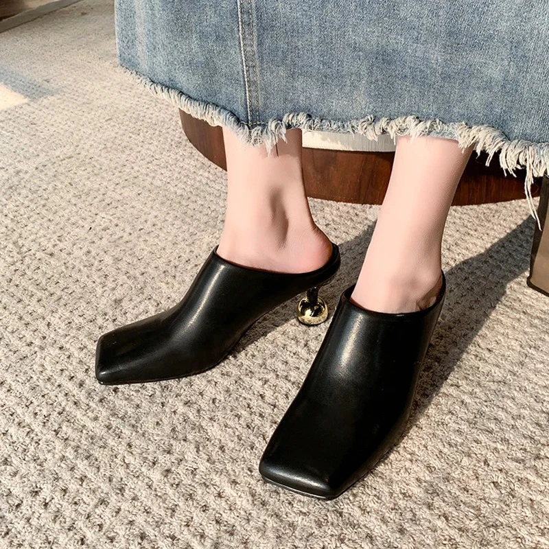 

Womens Shoes New 6.5cm High Heels Elegant Women Slippers Slides Square Toe Shallow Summer Slides Metal Strange Style Heels Shoes