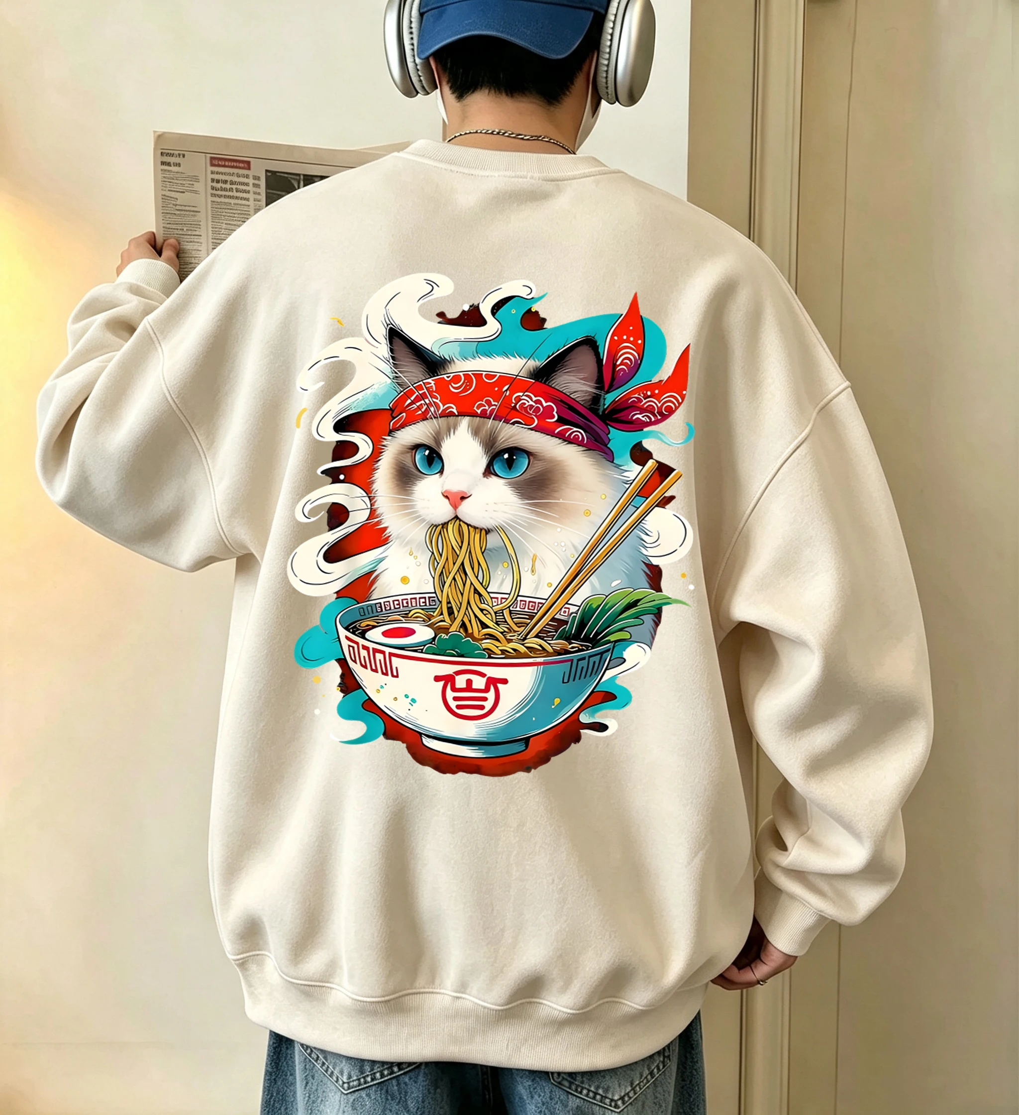 Katze kämpft mit Lamian-Nudeln bedruckter Herren-Fleece-Pullover, Vintage, lässig, langärmelig, Unisex, locker geschnittenes Basic-Sweatshirt – Detail 10