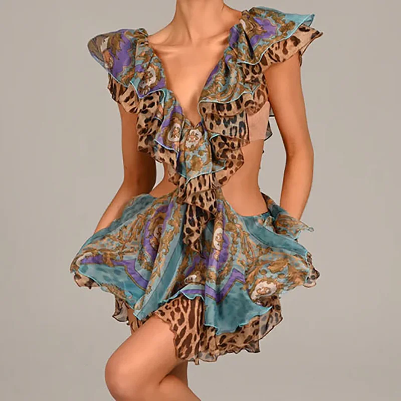 Feminino casual sem mangas plissado vestido de festa elegante plissado profundo decote em v vestido curto moda padrão impressão oco chiffon mini vestido