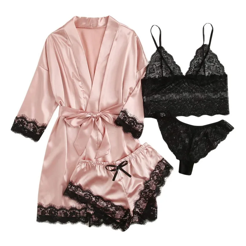 Women's Satin Pajama Set 4pcs Floral Lace Trim Cami Lingerie Sleepwear with Robe Sleepwear Lace Cami Shorts Loungewear Pink