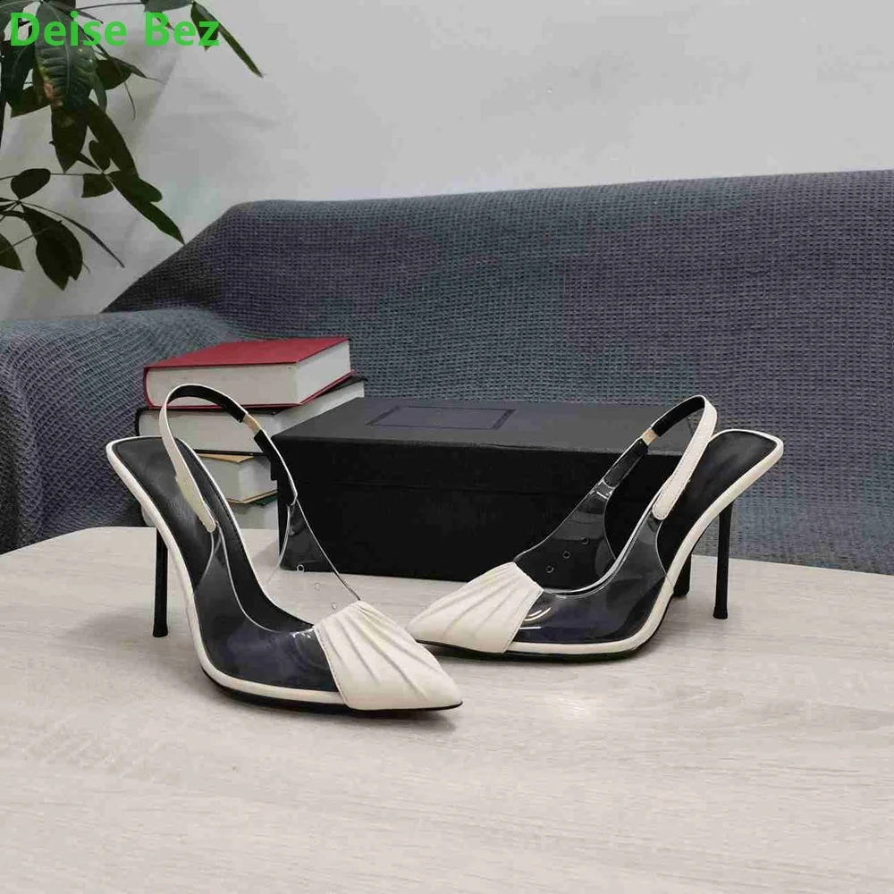 Transparente PVC Sling back Spleißen Stoff Sandalen Frauen Pumps spitzen Zehen dünne High Heel Rücken riemen flache Sommer Damenschuhe