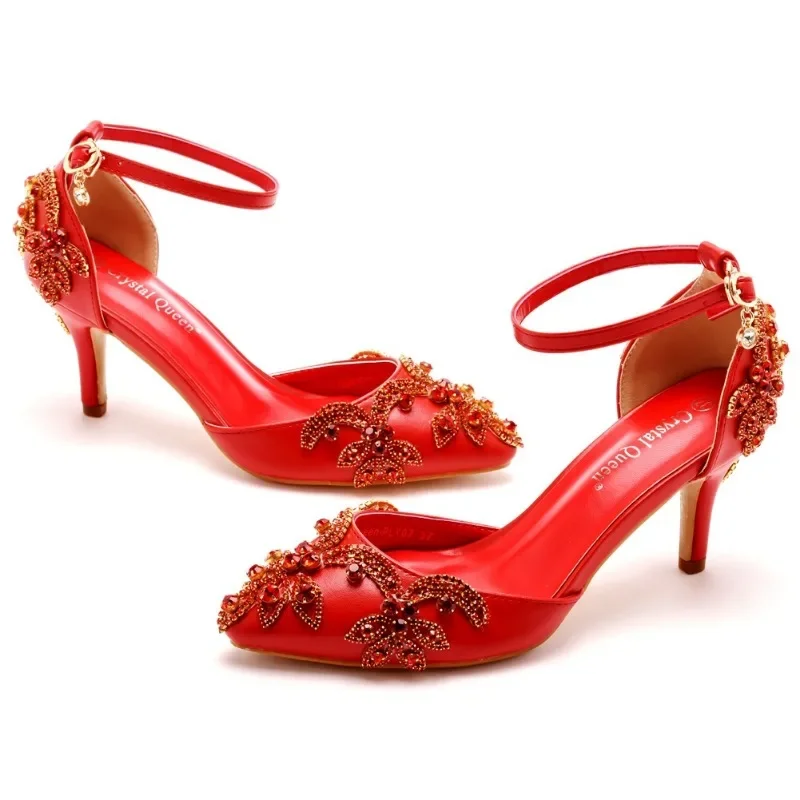 Letnie sandały damskie na wysokim obcasie Rhinestone PU 7CM na cienkim obcasie pasek z klamrą dojrzałe buty damskie złoty żółty moda