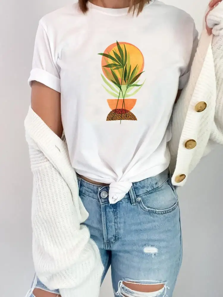 T-shirt à manches courtes et col rond pour femme, vêtement estival à la mode avec image de plante, joli Style tendance