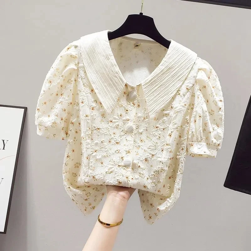 Beige Floral Printing Chiffon Peter Pan Collar Single Breasted Women\'s Blouse Shirt Elegant Female Clothing Tops 2024 Fashion