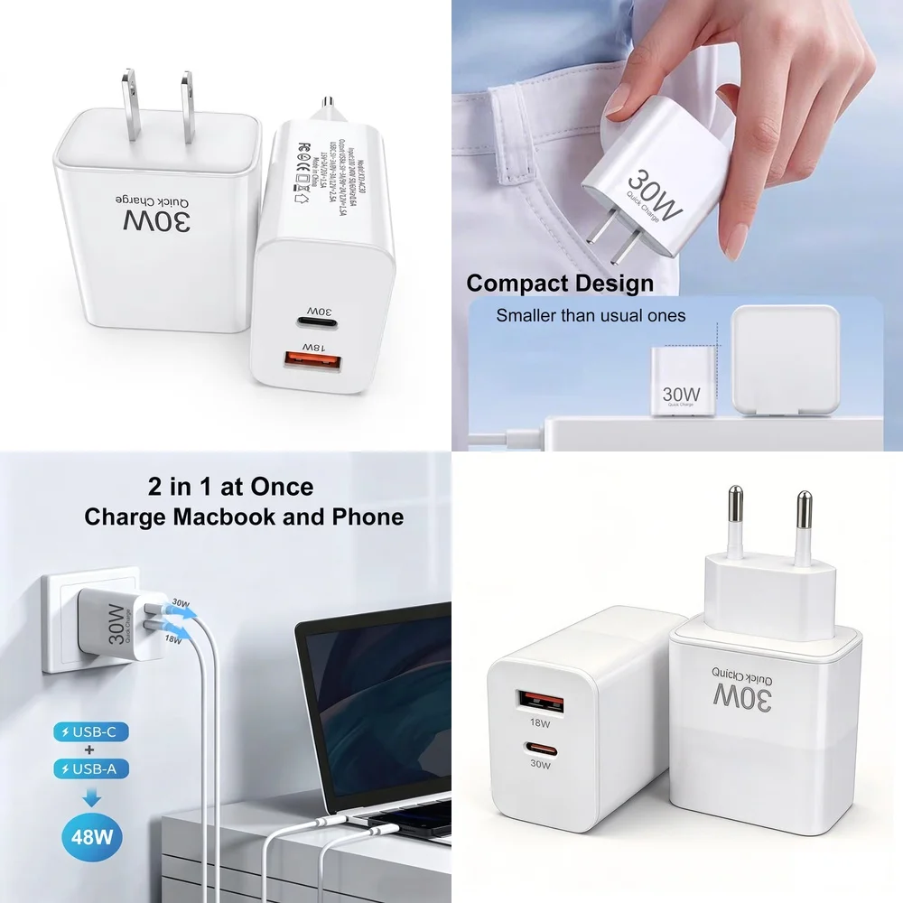 30W PD QC Fast Charger Dual Port EU US Plug Smart Charging Brick for iPhone 17 16 15 Pro Max Samsung S26 S25 S24 S23 Ultra iPad