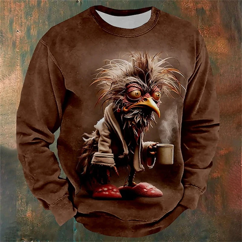 

New Tired Chicken Pattern Sweatshirts Men Funny Animal Fashion Pullover Men Long Sleeve Top Loose O Neck Casual Street Clothing