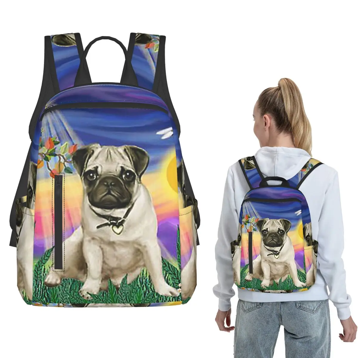 Twilight With A Pug Backpack Daypack Boys Girls BookBag School Bag Shoulder Bags for Men Women
