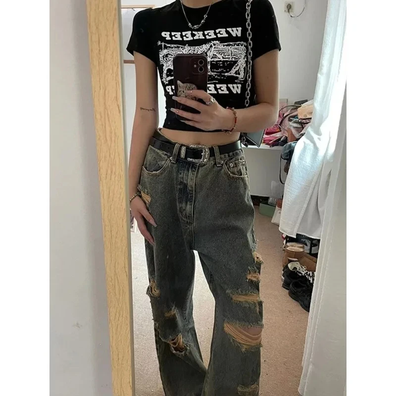 High-Waisted Straight Ripped Jeans Retro Loose Women\'S Hip-Hop Oversized Jeans American High Street Retro Pants Korean Style