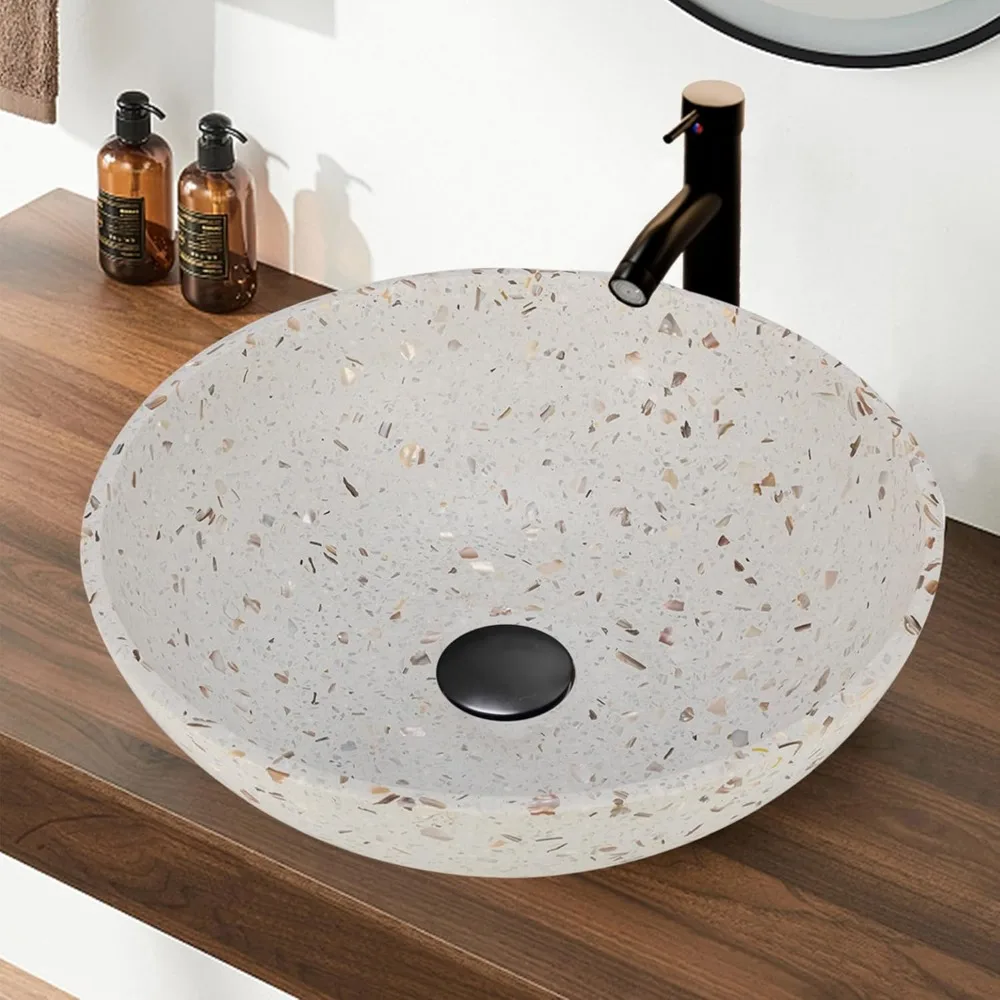 

Round Terrazzo Vessel Sink Set with Faucet and Drain, 15.7 Modern Concrete Bathroom Sink for Above Counter Installation, Artisan