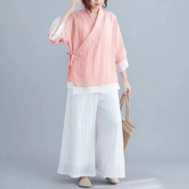 Liziqi Traditional Chinese Costume Tai Chi Uniform Casual Hanfu Tops Trousers Cotton Linen Clothes Retro Breathable