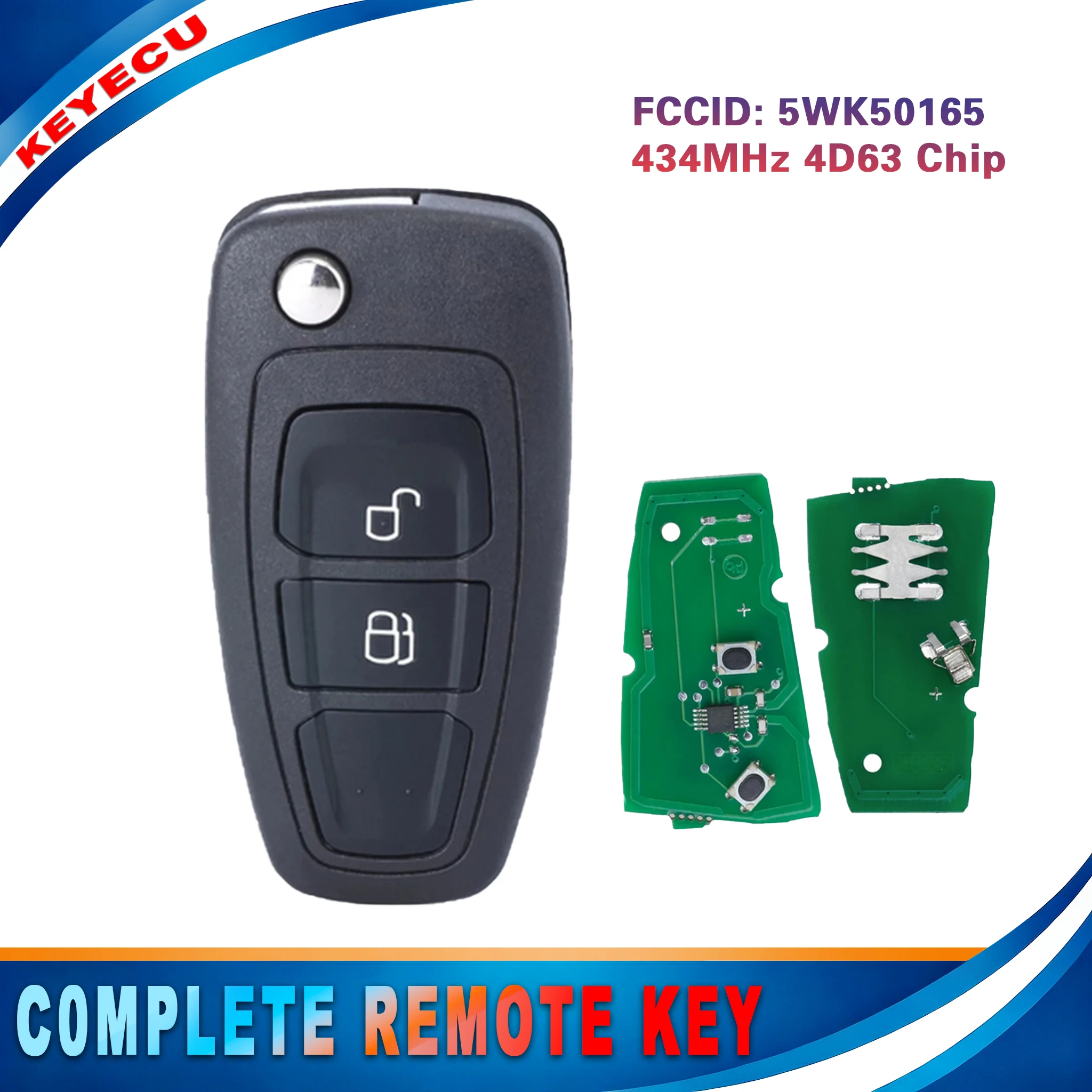 KEYECU for Ford Ranger 2011-2015 Mazda 3 2008-2012 Flip Remote Key Fob 2 Button 5WK50165 434MHz 4D63 Chip BT50 2011-2015
