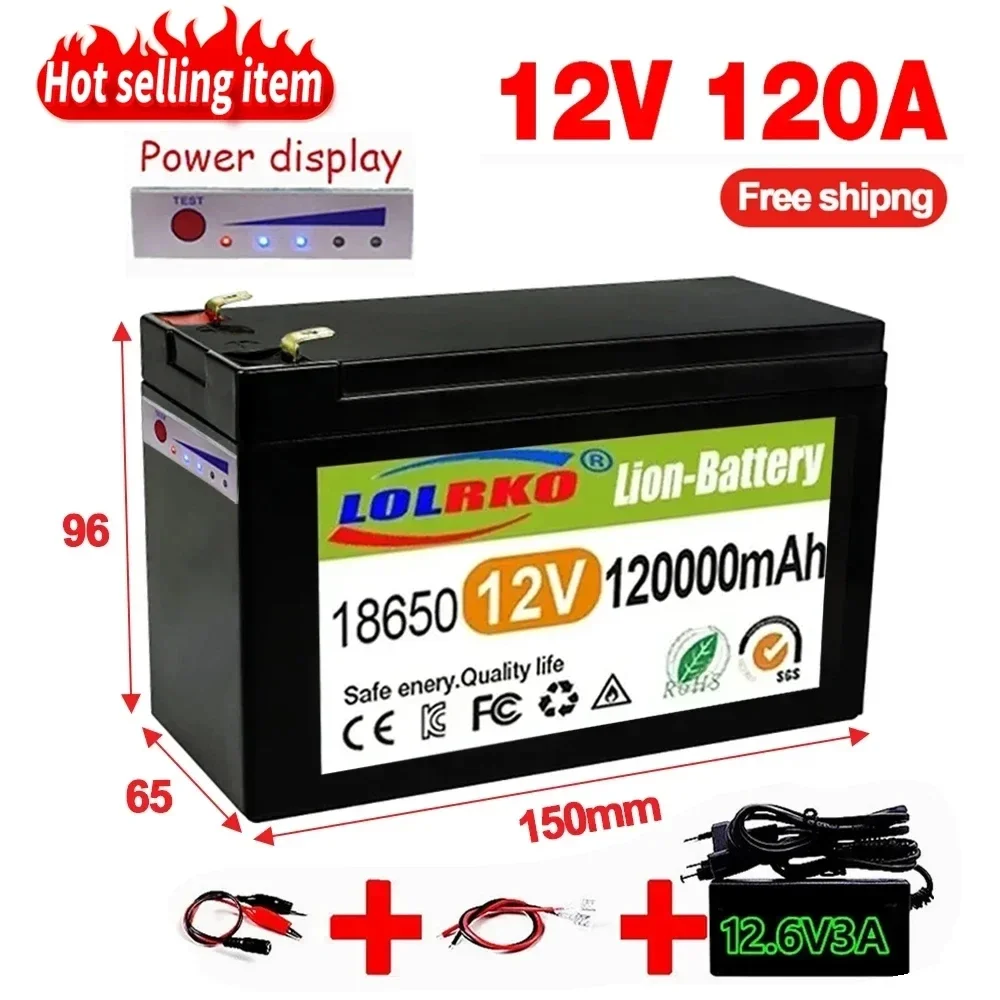 

12V 120Ah 120000mAh 18650 lithium battery for solar energy built-in high current 30A BMS electric vehicle battery+12.6V charger