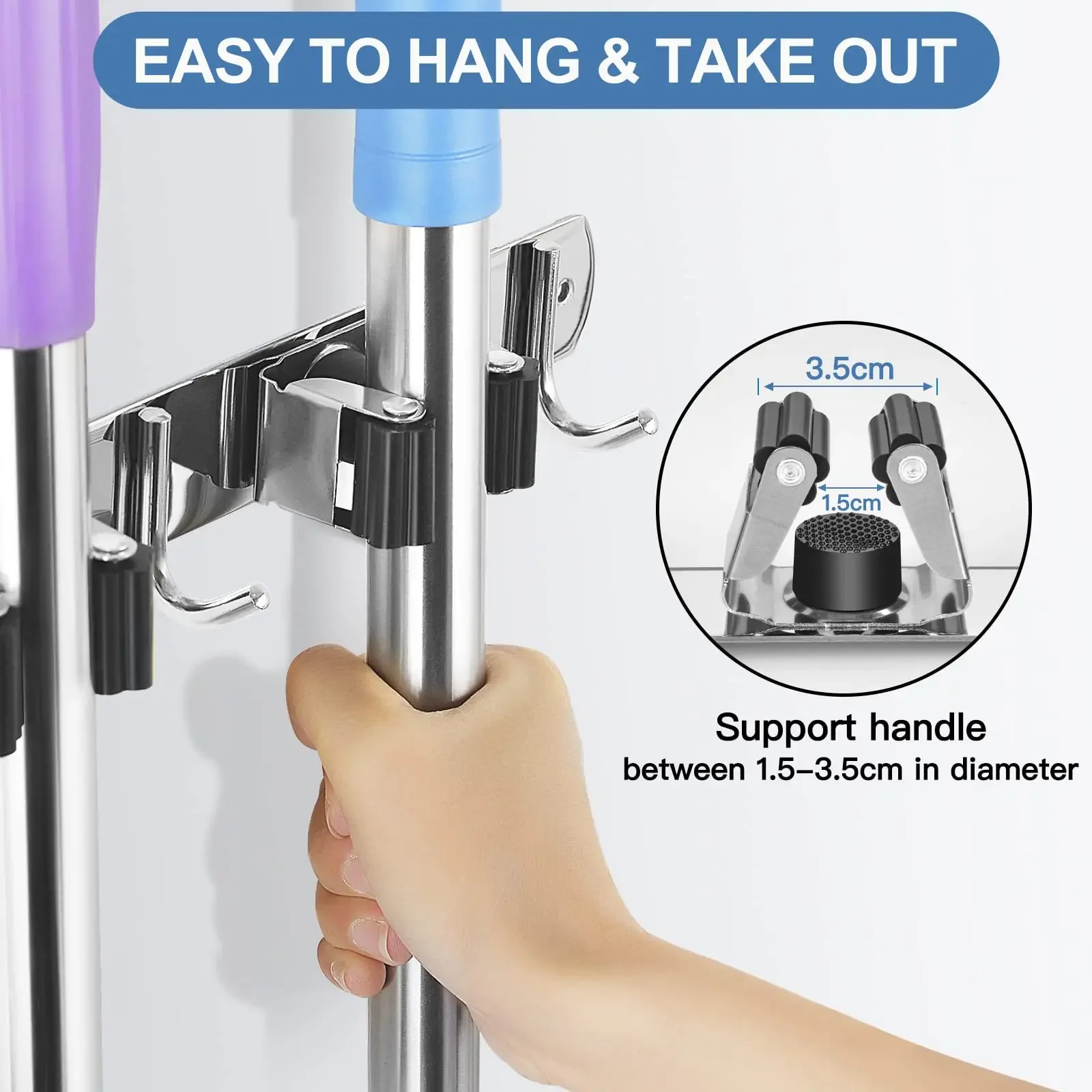 Rust Proof 5 Racks 4 Hooks Sturdy Stainless Steel Space Saving Mop and Broom Holder