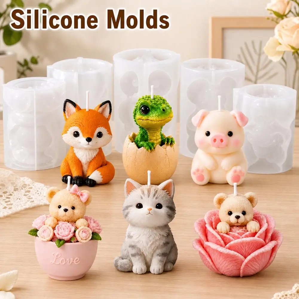 1pc Cute Animal Silicone Candle Molds 3D Cartoon Fox Cat Bear Pig Dinosaur DIY Wax Soap Resin Mould For Handmade Crafts view 3