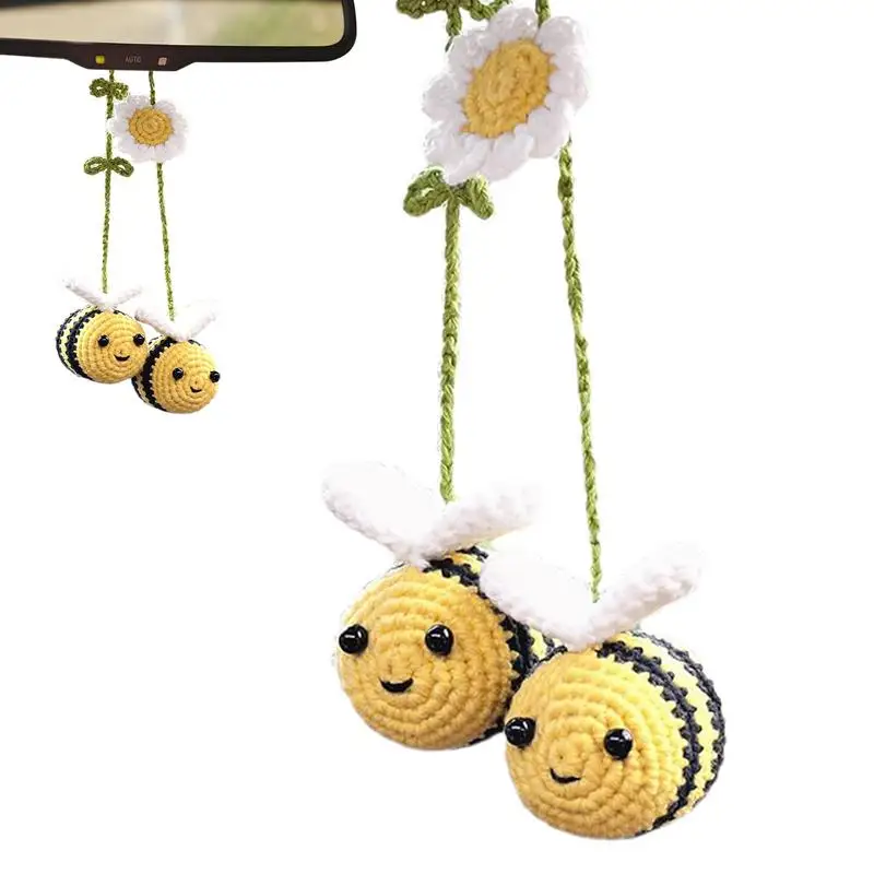 Knitted Bee Car Ornament Bee Handmade Crochet Car Ornament Woven Bee Rearview Glass Charm Car Accessories For Bee Lovers Decor