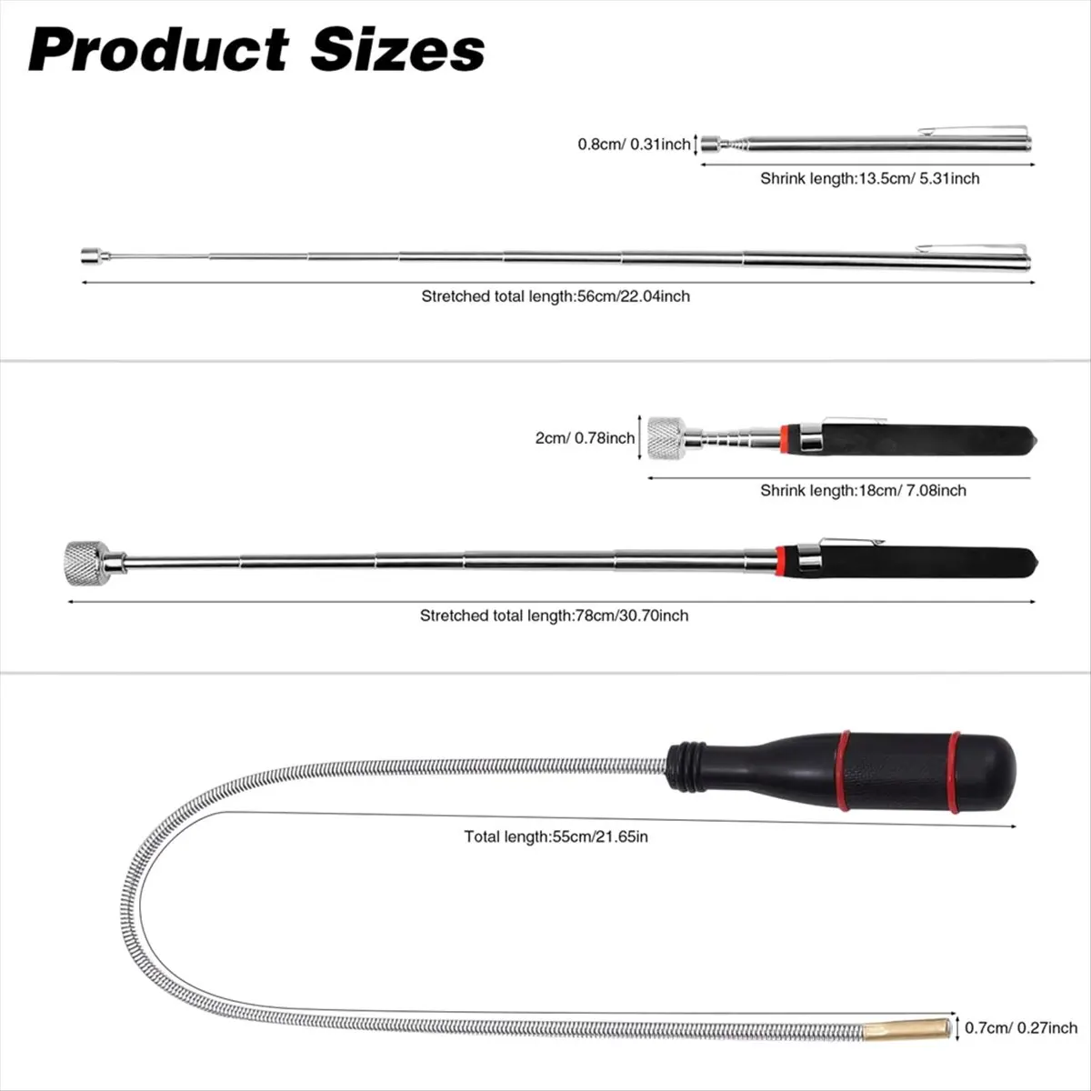 Outil de ramassage magnétique BHBL, lot de 3 - Aimant extensible, outil de ramassage magnétique télescopique, outil de ramassage magnétique flexible et pliable