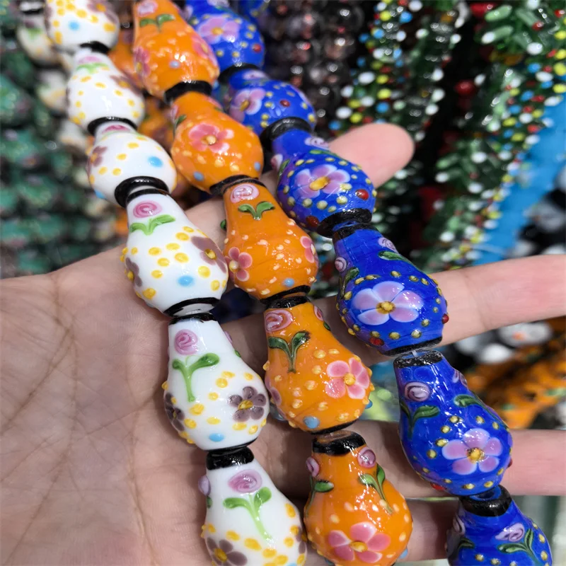 30x20MM Hand Drawn Color Flower Beads Vase Glass Loose Spacer Beads Handmade For DIY Jewelry Making Bracelet Necklace Accessory
