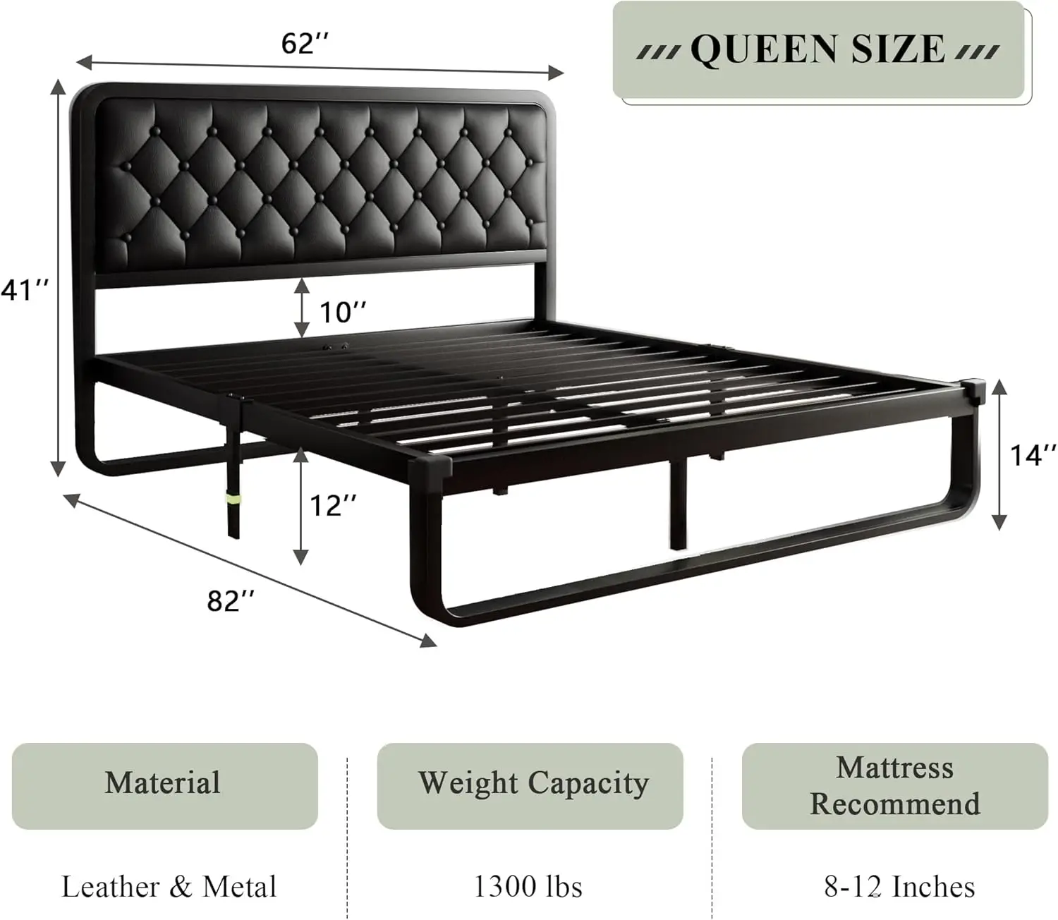 Queen Bed Frame, Upholstered Platform Bed Frame with Heavy-Duty Steel Slats, Diamond Tufted Headboard, 12