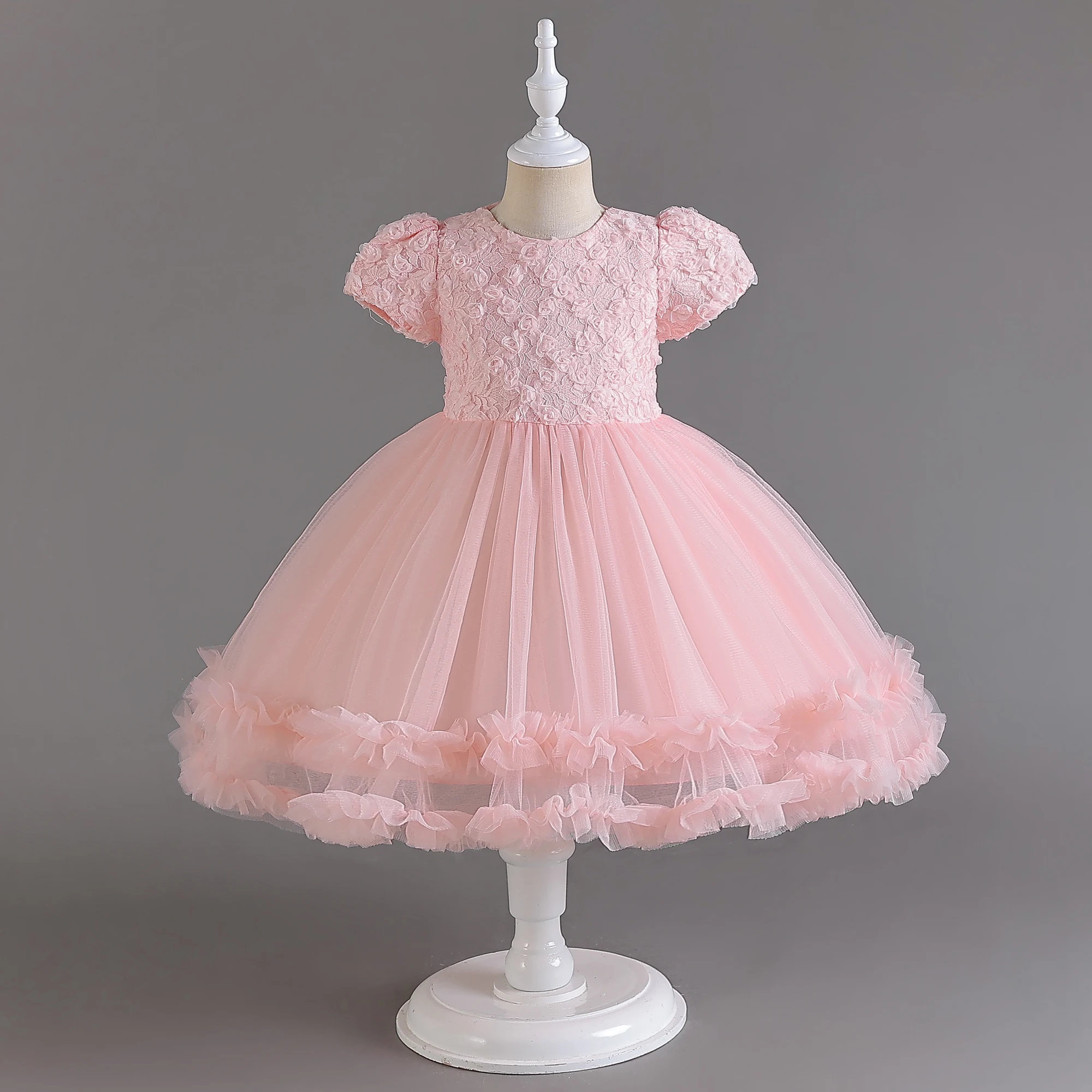 Girls Party Dresses 3 Colors 100cm-150cm Wedding Gown Kids Birthday Dress Pink Puff Sleeve Cute Style Piano Costumes