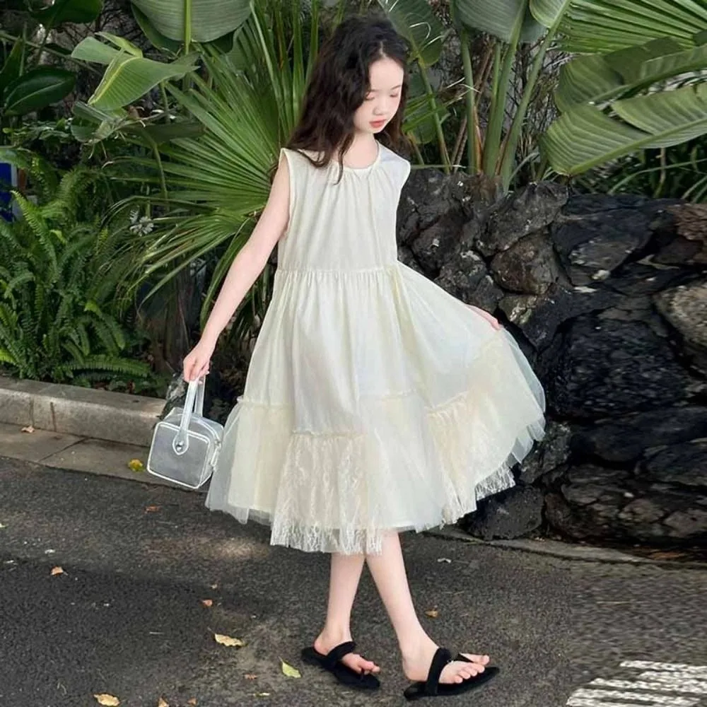 

Elegant Loose Girls Sleeveless Dress Lace Mesh Pleated Summer Dresses Sweet Teenagers Children Princess Dress Party