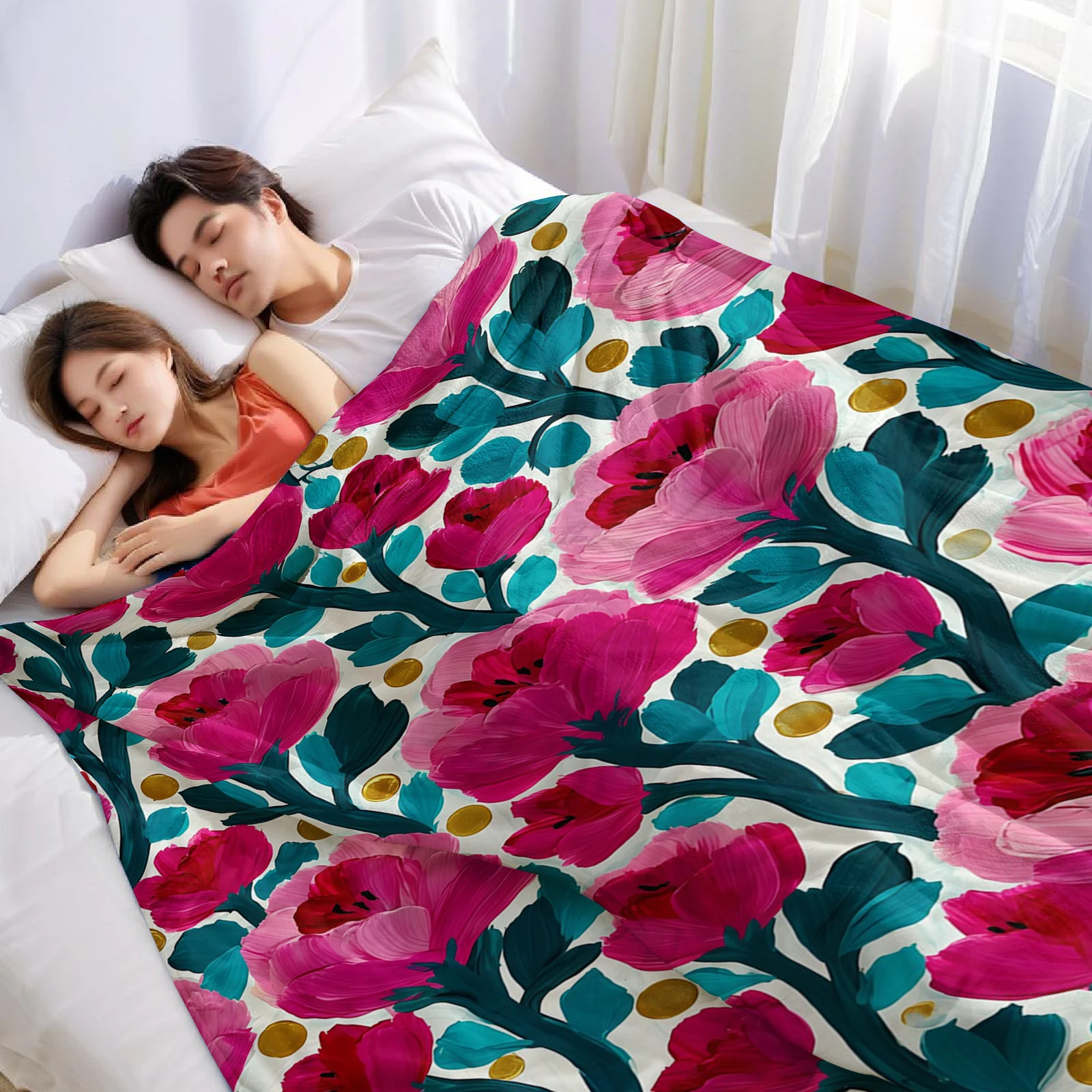 Bold Peony Art Ultra Soft Sherpa Fleece Blanket Fluffy Warm Halloween Cozy Throw for Sofa Couch Bedroom Gift All season