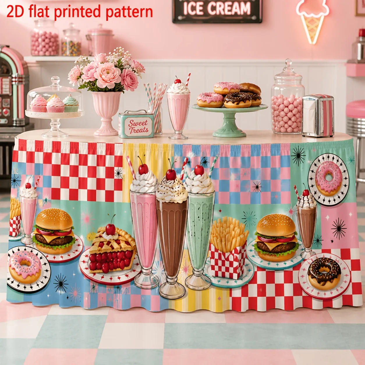 One tablecloth/drapery. Polyester retro restaurant food print tablecloth.