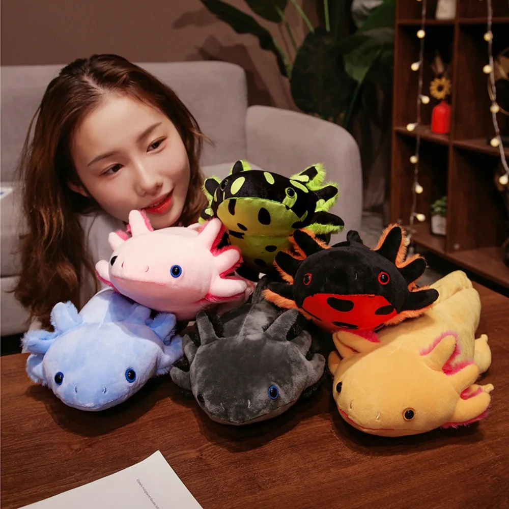 Kawaii colorido Newt juguete de peluche relleno lindo Axolotl salamandra peluda pez de peluche apaciguador almohada larga cojín niños regalo de cumpleaños