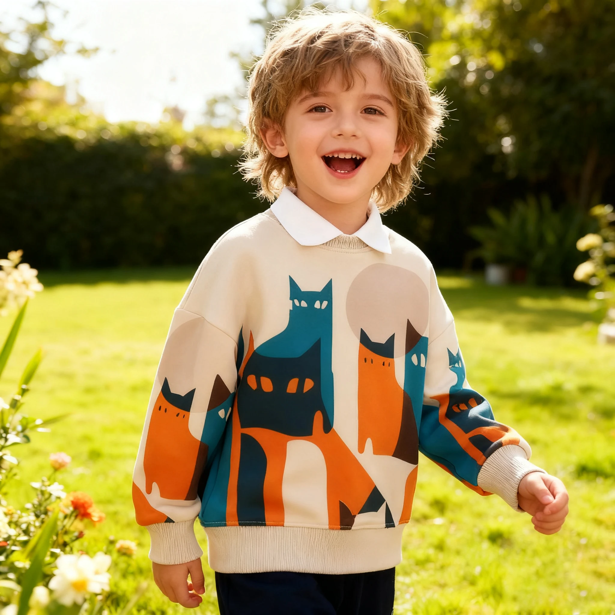 

Girl's Cute Graphic Sweatshirt Boys Cartoon Cat Print Long Sleeve Crewneck Pullover Tops Printed Pullover 2025 kids clothes