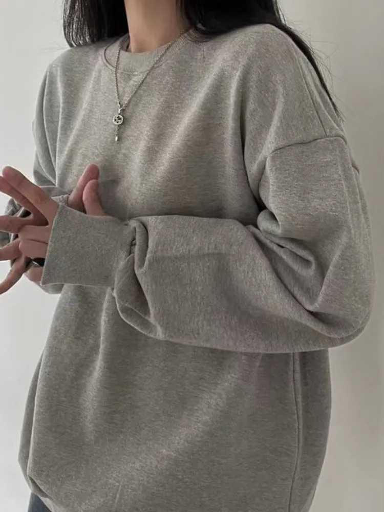 시크 빈티지 라운드 넥 긴팔 스웨트셔츠 여성 캐주얼 다용도 레이지 스타일 그레이 탑 봄 가을 겨울 신상품