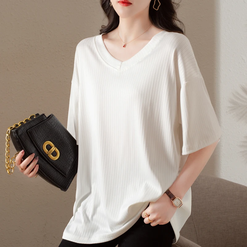 Camiseta de Punto de Seda de Hielo de Talla Grande con Cuello en V para Mujer, Ajuste Holgado, Cubre el Vientre, Cómoda, Transpirable, Top de Verano