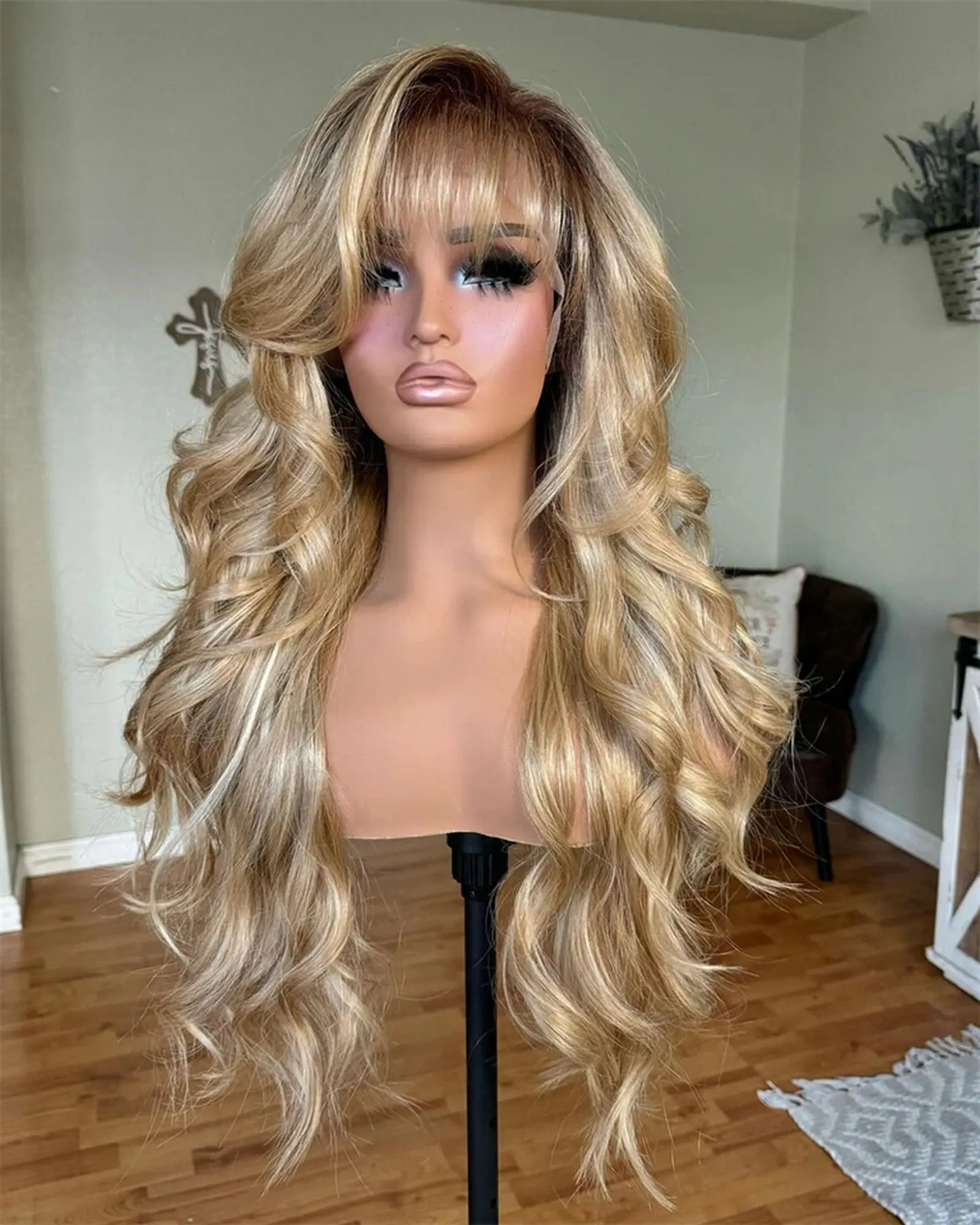 Loose Wave Long Length Synthetic Lace Top Wigs Ombre Light Blonde Realistic Look Natural Hair Wig Full Roots With Bangs Daily