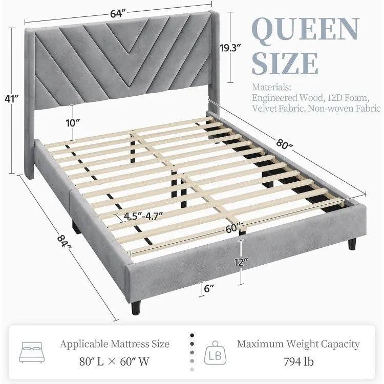 Queen Bed Frame Upholstered Platform Bed with Wing Side/Wooden Slat Support/Tufted Headboard with Wing Side/Mattress