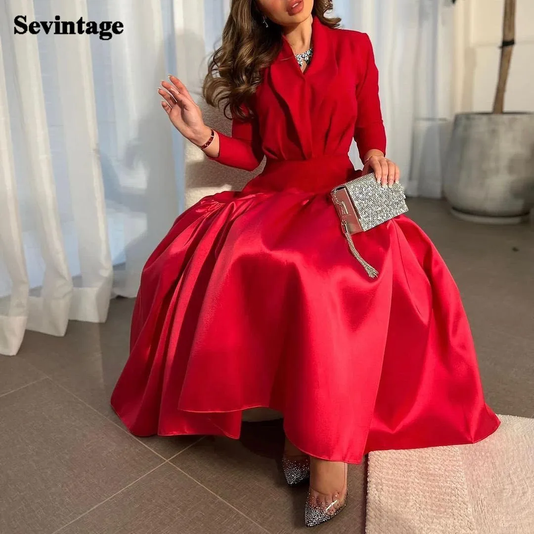 

Sevintage Red Stretch Satin Saudi Arabia Evening Dresses 3/4 Sleeve Formal Wedding Party Gowns Tea Length Dubai Women Prom Dress