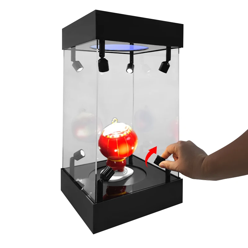 custom.Premium Colorful RGB LED Lighted Acrylic Rotative Toy Figure Display Cases With Rotatable Base Mirror